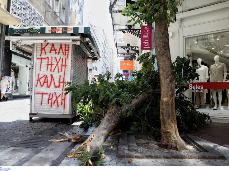 Ισχυροί άνεμοι στην Αθήνα: Έπεσε δέντρο στην Ερμού (εικόνες)